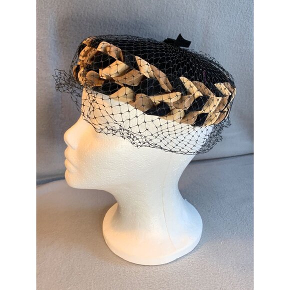 Ladies Black and Brown Velvet Braided Ribbon with Netting Hat Vintage Sz 22 - Picture 7 of 9